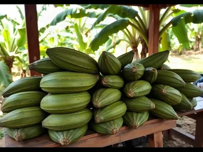Régimes de banane plantain bien pleins · Ntoum